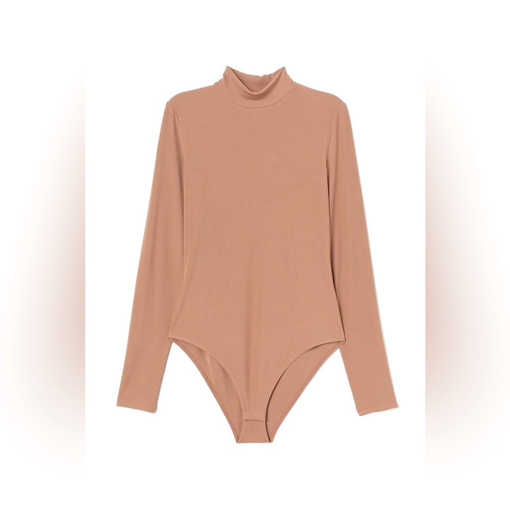 H&M Ribbed Mock Neck Bodysuit | Dark Beige